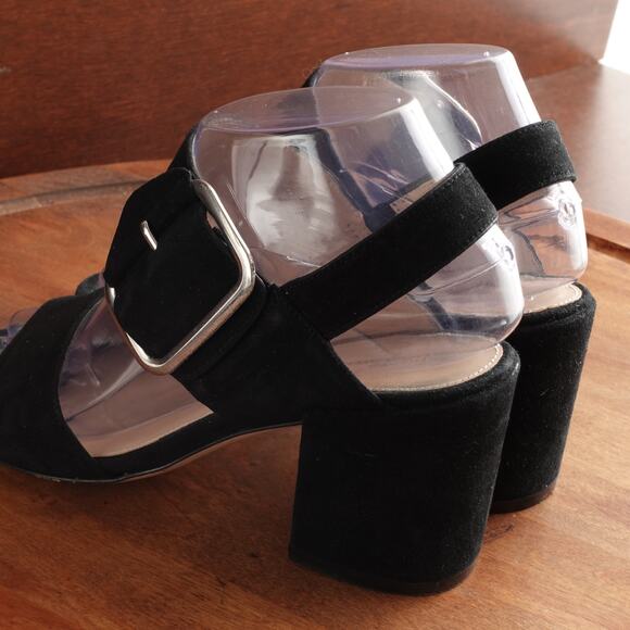 Stuart Weitzman Sandals WMS SZ 5.5M BLK Suede Block Heel Buckle Slingback Shoes - Picture 7 of 13